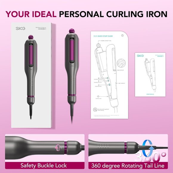 SKG Hair Crimper Curling Wand 4 Adjusted Curl Size Beach Wave Hair Tool HCW300-1 - Picture 9 of 9